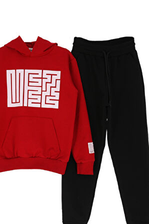 Kız Çocuk 2 İplik Küfe Yazı Görselli Kapüşonlu Alt-Üst Takım 12374
