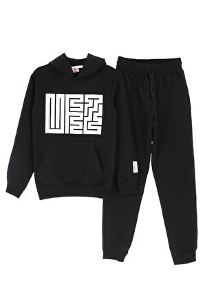Kız Çocuk 2 İplik Küfe Yazı Görselli Kapüşonlu Alt-Üst Takım 12374