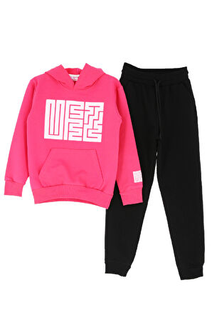 Kız Çocuk 2 İplik Küfe Yazı Görselli Kapüşonlu Alt-Üst Takım 12374