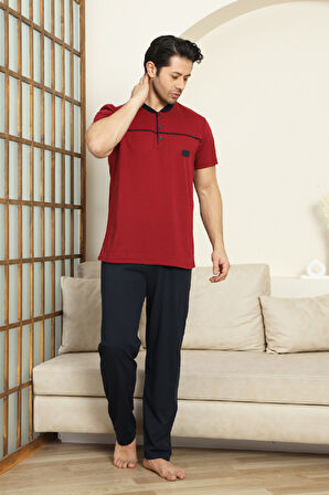 Erkek %100 Pamuk Pijama Takımı -3 Düğmeli-Robalı 12383