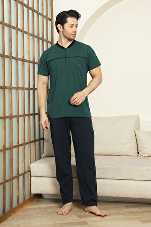 Erkek %100 Pamuk Pijama Takımı -3 Düğmeli-Robalı 12383