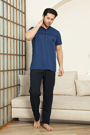 Erkek %100 Pamuk Pijama Takımı -3 Düğmeli-Robalı 12383