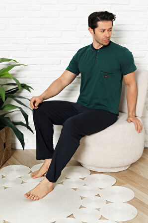 Erkek %100 Pamuklu Pijama Takımı-3 Düğmeli-Yaka Cepli 12384