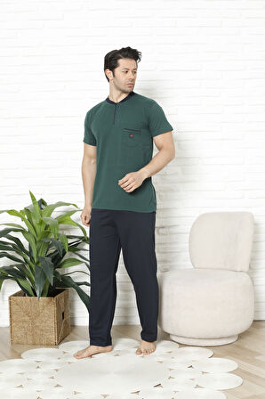 Erkek %100 Pamuklu Pijama Takımı-3 Düğmeli-Yaka Cepli 12384