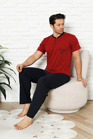 Erkek %100 Pamuklu Pijama Takımı-3 Düğmeli-Yaka Cepli 12384
