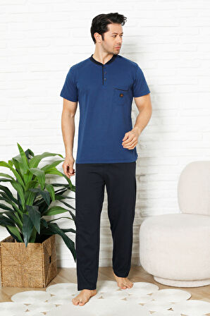 Erkek %100 Pamuklu Pijama Takımı-3 Düğmeli-Yaka Cepli 12384