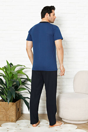 Erkek %100 Pamuklu Pijama Takımı-3 Düğmeli-Yaka Cepli 12384