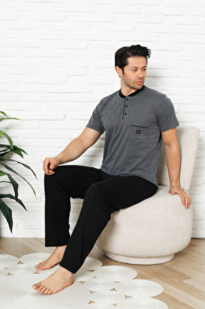 Erkek %100 Pamuklu Pijama Takımı-3 Düğmeli-Yaka Cepli 12384