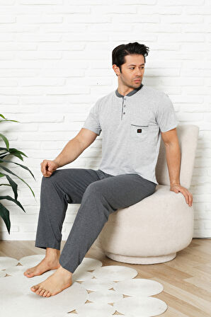 Erkek %100 Pamuklu Pijama Takımı-3 Düğmeli-Yaka Cepli 12384