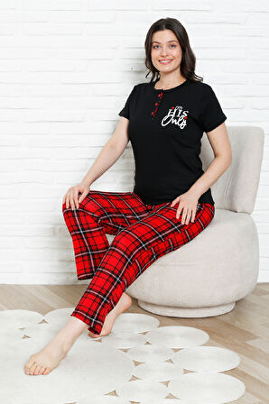 Kadın Pijama Takımı - Ekose Altlı- 3 Düğmeli-%100 Pamuklu 12387