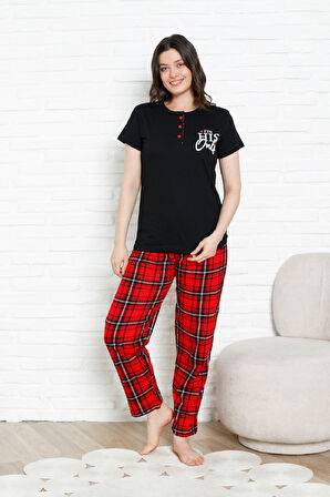 Kadın Pijama Takımı - Ekose Altlı- 3 Düğmeli-%100 Pamuklu 12387