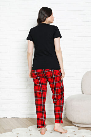 Kadın Pijama Takımı - Ekose Altlı- 3 Düğmeli-%100 Pamuklu 12387