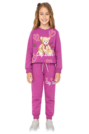 Kız Çocuk 2 İplik Şardonsuz Ayıcık Baskılı Alt-Üst Takım-3 -10 Yaş 12415