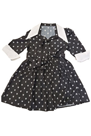 Kız Çocuk Elbise Yaka ve Manşet Detaylı Boydan Düğmeli ve Kuşaklı 7-12 Yaş 12420