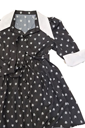 Kız Çocuk Elbise Yaka ve Manşet Detaylı Boydan Düğmeli ve Kuşaklı 7-12 Yaş 12420