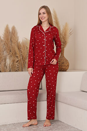 Kadın %100 Pamuk Milan Soft Pijama Takımı-Pat Yakalı-Boydan Düğmeli-Desenli-12422