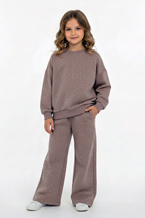 Kız Çocuk Taş Süslemeli-2 İplik-Şardonsuz Alt-Üst Takım-5 -12 Yaş 12424