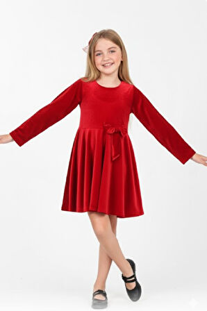 Kız Çocuk Kadife Elbise-İçi Tüllü ve Fiyonk Süslemeli 7-12 Yaş 12427