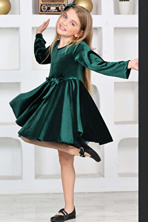 Kız Çocuk Kadife Elbise-İçi Tüllü ve Fiyonk Süslemeli 7-12 Yaş 12427