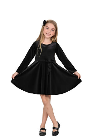 Kız Çocuk Kadife Elbise-İçi Tüllü ve Fiyonk Süslemeli 7-12 Yaş 12427