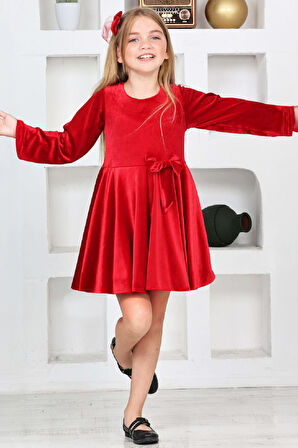 Kız Çocuk Kadife Elbise-İçi Tüllü ve Fiyonk Süslemeli 7-12 Yaş 12427