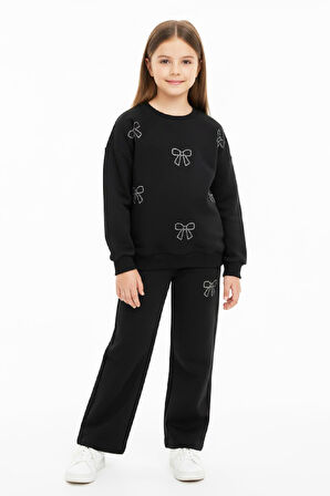 Kız Çocuk Taş İşlemeli Fiyonk Baskılı-2 İplik-Alt-Üst Takım-5-12 Yaş 12438