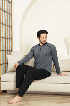 Erkek %100 Pamuklu Pijama Takımı-3 Düğmeli-12440