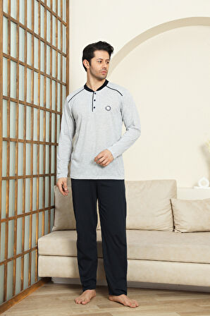 Erkek %100 Pamuklu Pijama Takımı-3 Düğmeli-12440
