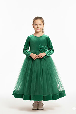 Kız Çocuk Kadife Elbise-ül Detaylı-Fiyonk Süslemeli 7-12 Yaş 12441