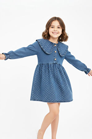 Kız Çocuk Taş Süslemeli ve 3 Düğme Kapatmalı Jean Elbise 12444