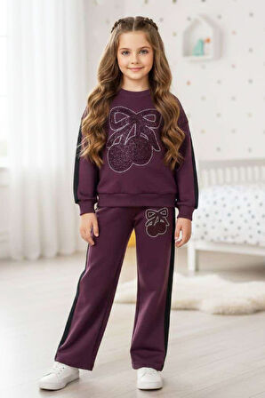 Kız Çocuk Taş İşlemeli Kiraz Ve Fiyonk Desenli-2 İplik-Alt-Üst Takım-5-12 Yaş 12445