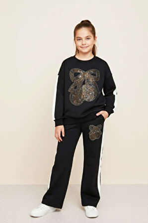 Kız Çocuk Taş İşlemeli Kiraz Ve Fiyonk Desenli-2 İplik-Alt-Üst Takım-5-12 Yaş 12445