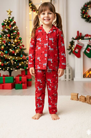 Kız Çocuk Pat Yakalı-Baskılı ve Düğme Kapamalı-%100 Pamuk Süet Pijama Takımı 12443