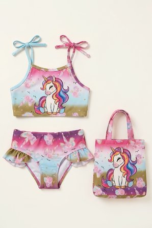 Kız Çocuk Çantalı 3'lü Mayo Takımı (Çanta+Mayo+Bikini) 3-10 Yaş 12649N