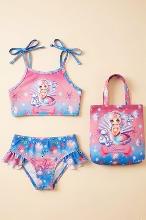 Kız Çocuk Çantalı 3'lü Mayo Takımı (Çanta+Mayo+Bikini) 3-10 Yaş 12648N