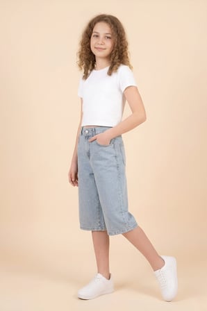 Kız Çocuk Taş Desenli Kapri Jean Pantolon 5-15 Yaş 12672SK