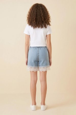 Kız Çocuk Tül Dantelli Ve Beli Lastikli Jean Şort 2-12 Yaş 12674SK