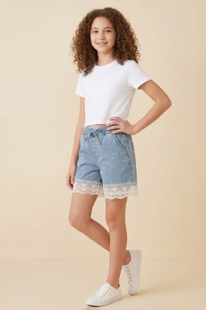 Kız Çocuk Tül Dantelli Ve Beli Lastikli Jean Şort 2-12 Yaş 12674SK