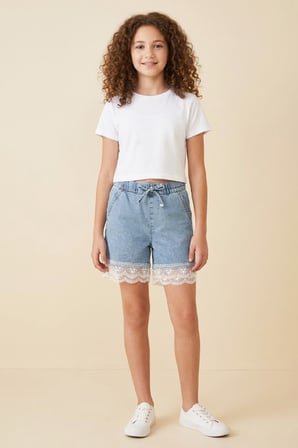 Kız Çocuk Tül Dantelli Ve Beli Lastikli Jean Şort 2-12 Yaş 12674SK