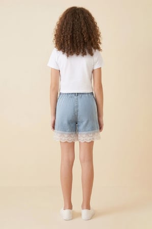 Kız Çocuk Tül Dantelli Ve Beli Lastikli Jean Şort 2-12 Yaş 12674SK