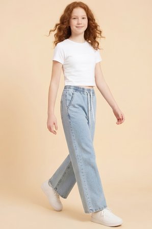 Kız Çocuk Beli Lastikli ve Kordonlu Geniş Kesim Jean Pantolon 7-15 Yaş 12679SK