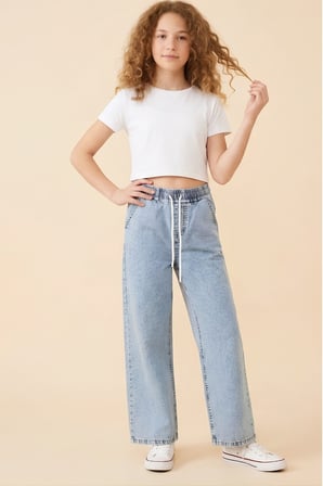 Kız Çocuk Beli Lastikli ve Kordonlu Geniş Kesim Jean Pantolon 7-15 Yaş 12679SK