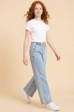 Kız Çocuk Beli Lastikli ve Kordonlu Geniş Kesim Jean Pantolon 7-15 Yaş 12679SK