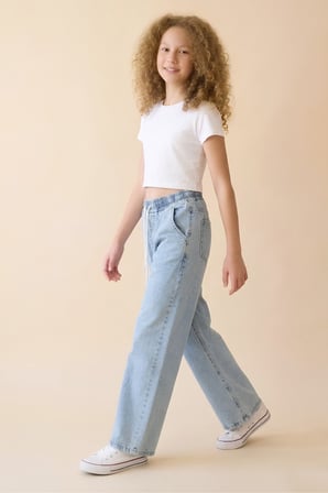 Kız Çocuk Beli Lastikli ve Kordonlu Geniş Kesim Jean Pantolon 7-15 Yaş 12679SK