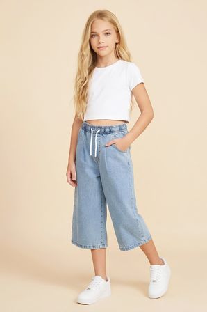 Kız Çocuk Beli Lastikli Ve Kordonlu Kapri Jean Pantolon 5-15 Yaş 12719SK