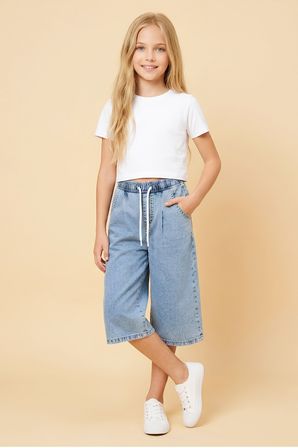 Kız Çocuk Beli Lastikli Ve Kordonlu Kapri Jean Pantolon 5-15 Yaş 12719SK
