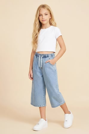 Kız Çocuk Beli Lastikli Ve Kordonlu Kapri Jean Pantolon 5-15 Yaş 12719SK