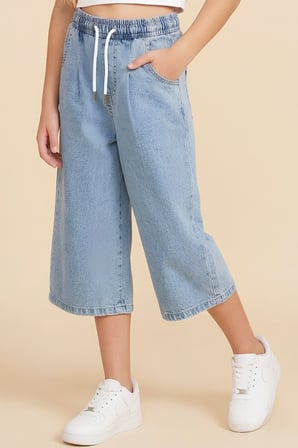 Kız Çocuk Beli Lastikli Ve Kordonlu Kapri Jean Pantolon 5-15 Yaş 12719SK
