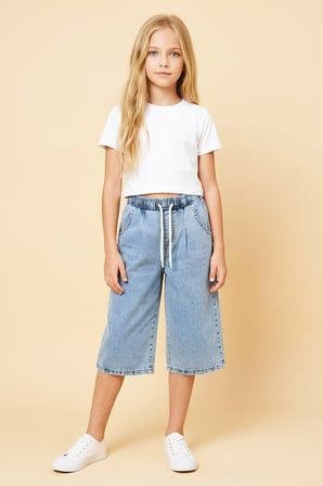 Kız Çocuk Beli Lastikli Ve Kordonlu Kapri Jean Pantolon 5-15 Yaş 12719SK
