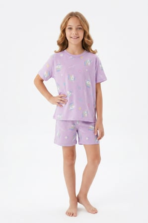 Kız Çocuk %100 Pamuk-Baskılı Ve Şortlu Pijama Takımı 3-13 Yaş 12722IS